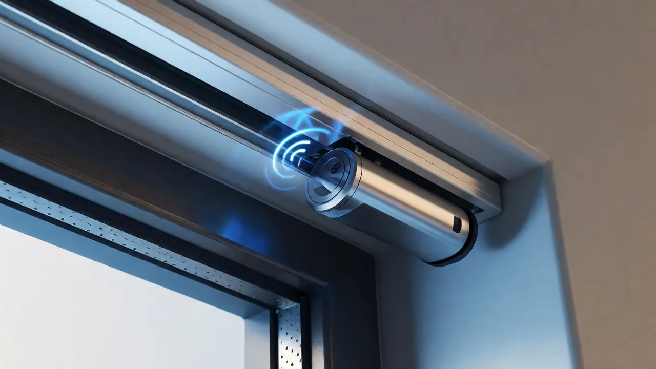 Close-up of a smart drapery track motor with connectivity indicators