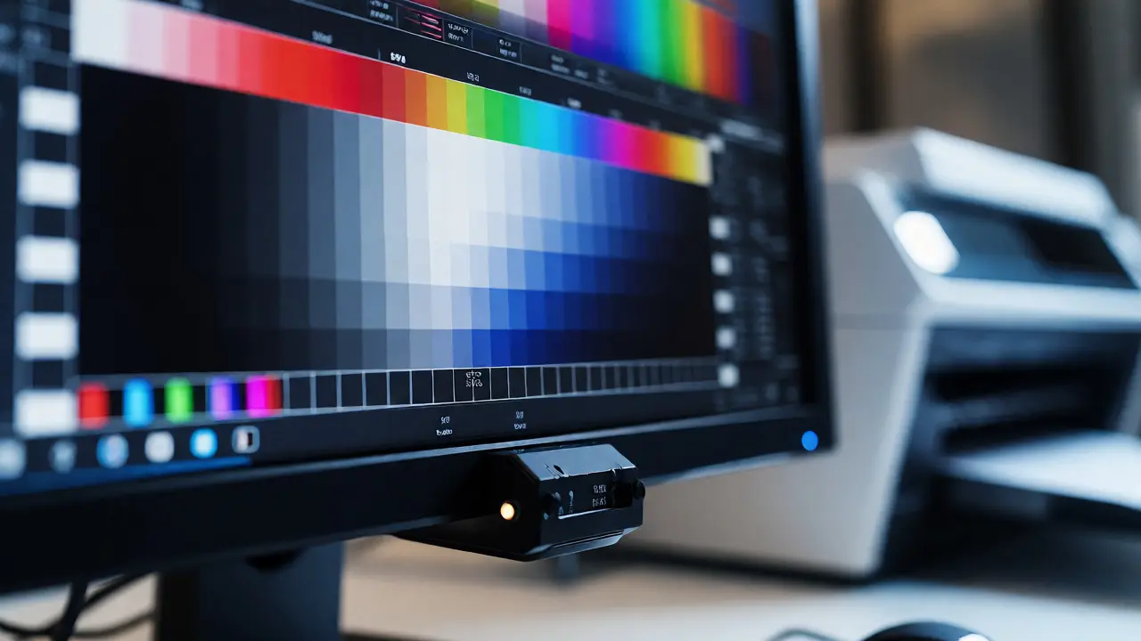 Close up of calibrated monitor with color chart and hardware calibrator device