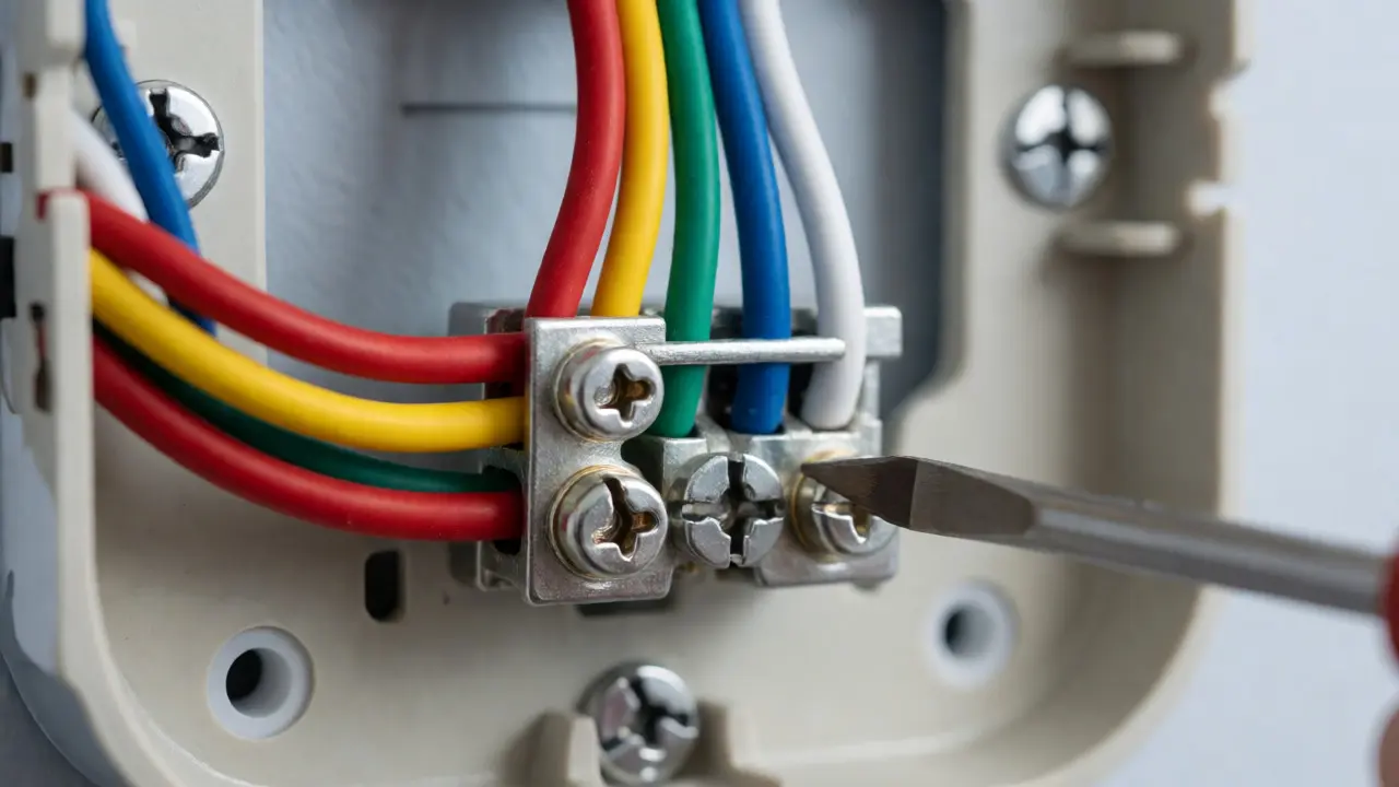 Color-coded wires being screwed into a new thermostat base plate