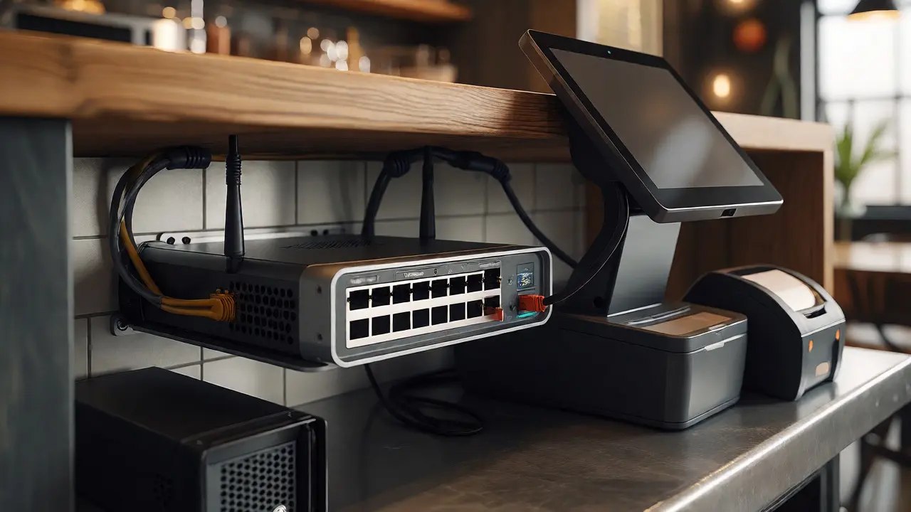Commercial networking equipment and POS setup under restaurant counter