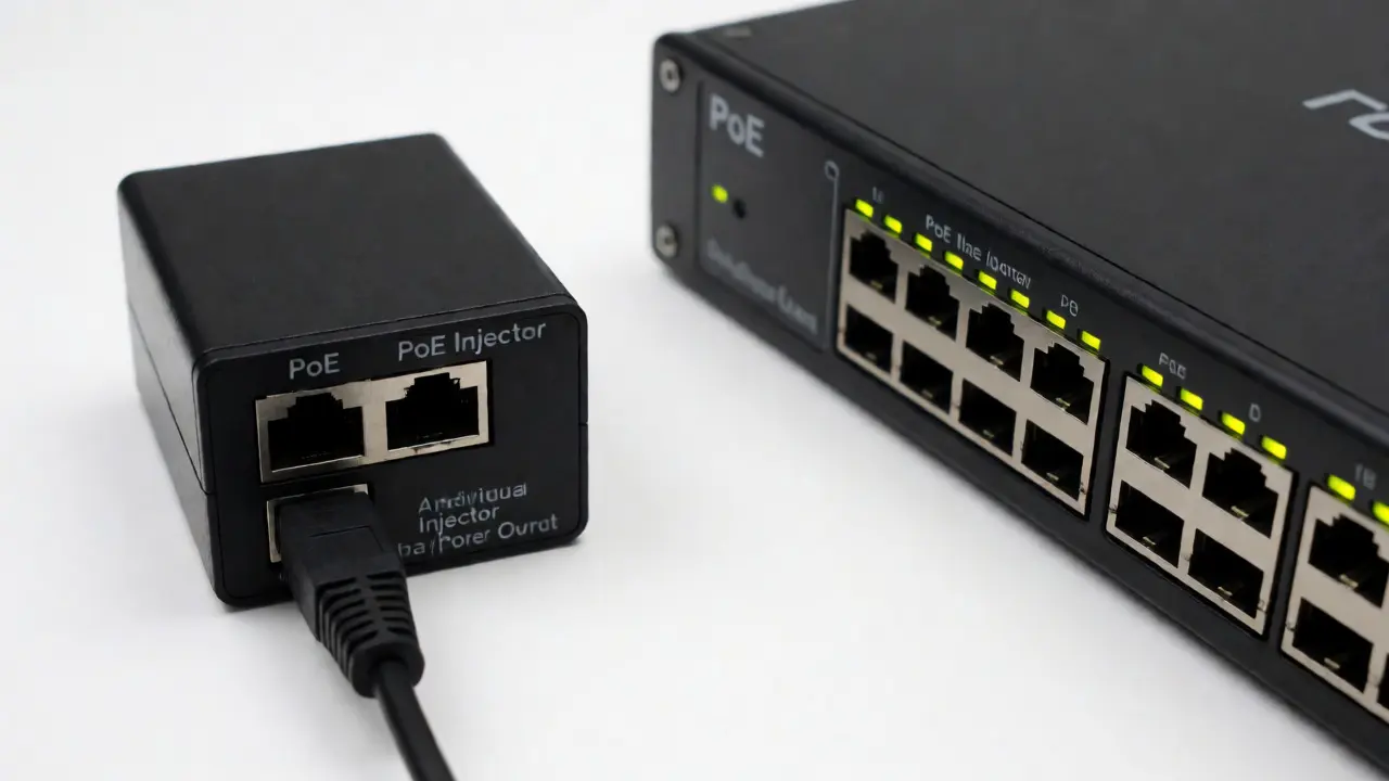 Comparison of a small PoE injector and a multi-port PoE network switch