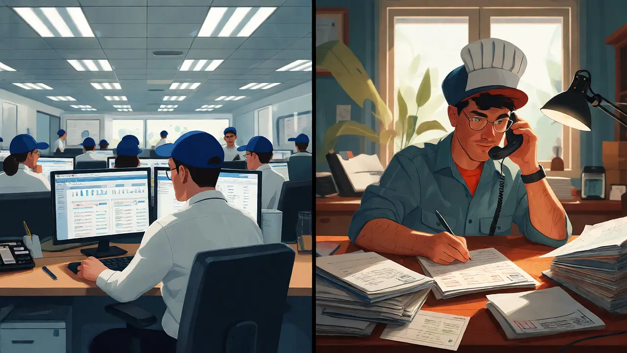Comparison of organized franchise office versus chaotic but free independent workspace.