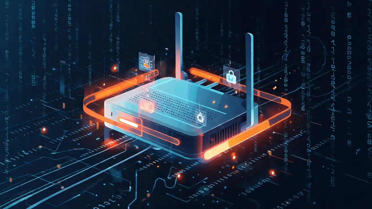 Conceptual art of a router undergoing a firmware update with data streams
