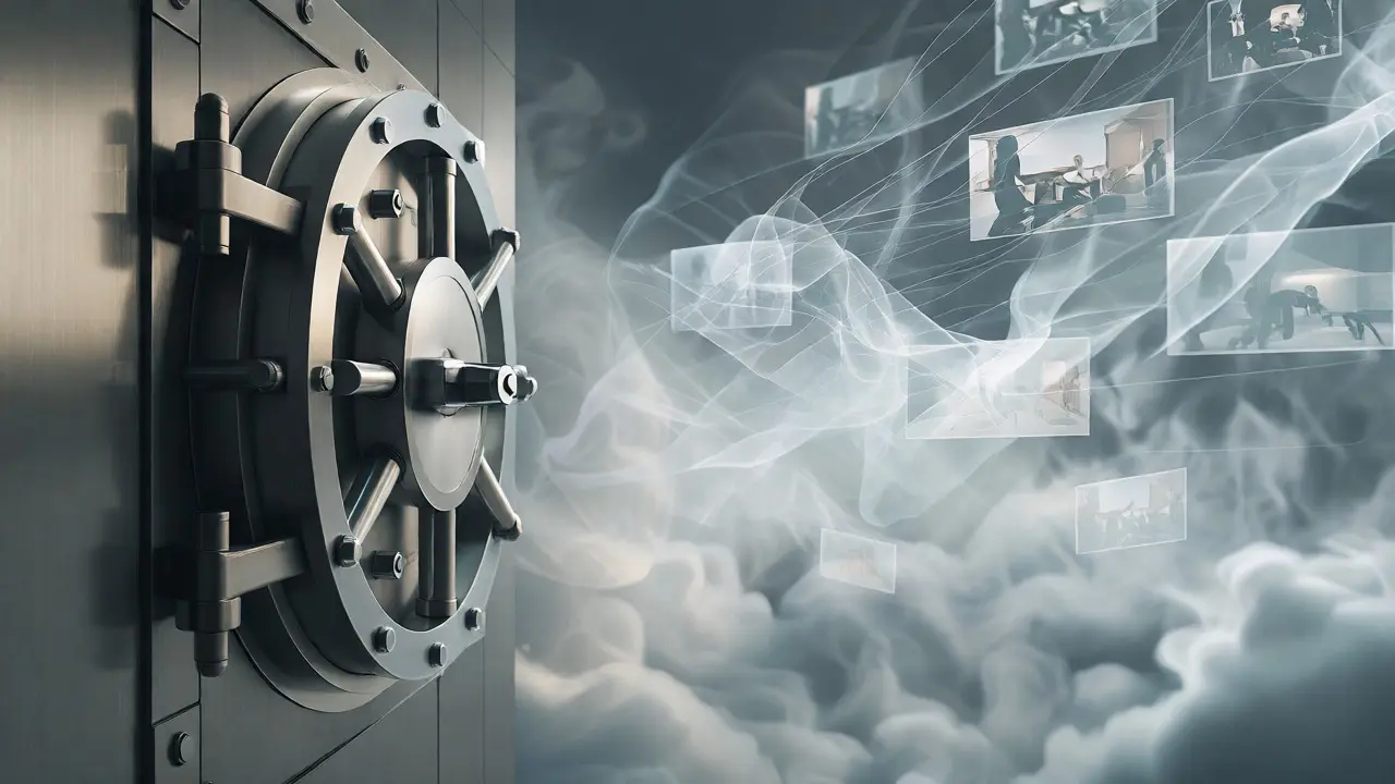 Conceptual image contrasting a steel vault with floating digital cloud data streams.