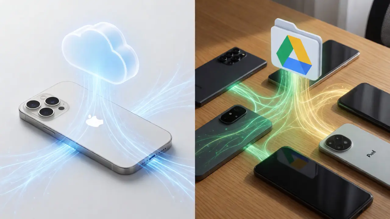 Conceptual split image showing iOS and Android devices syncing data to clouds.