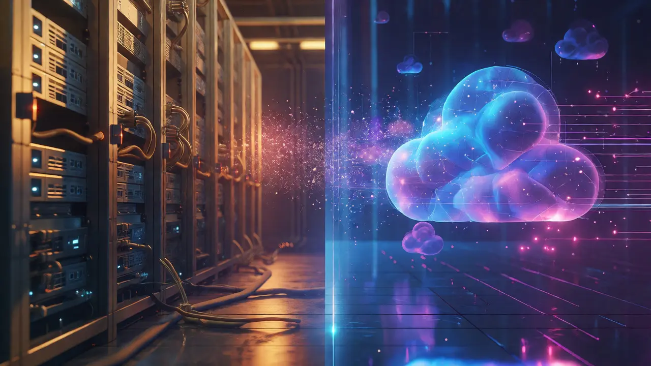 Conceptual split showing physical servers versus floating cloud data nodes