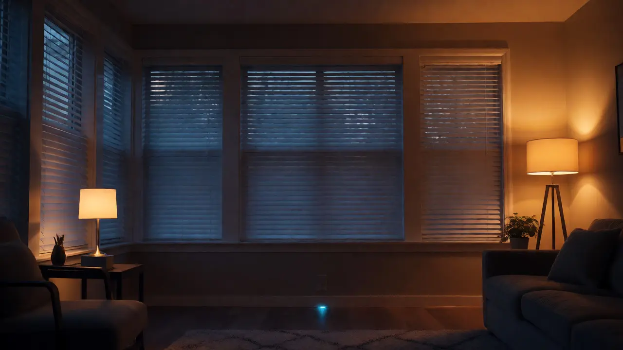 Cozy evening living room with closed smart blinds and warm ambient accent lighting.