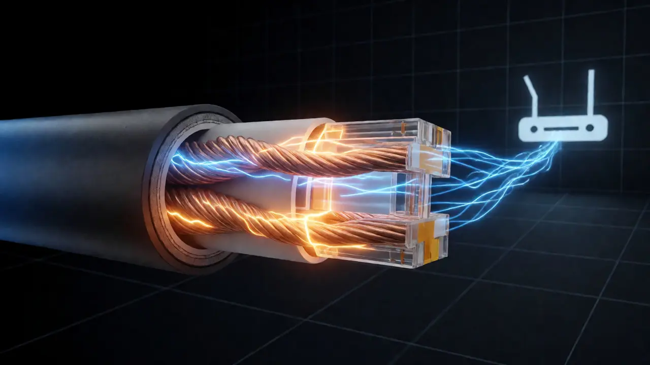 Cross-section of Ethernet cable showing simultaneous data and power transmission