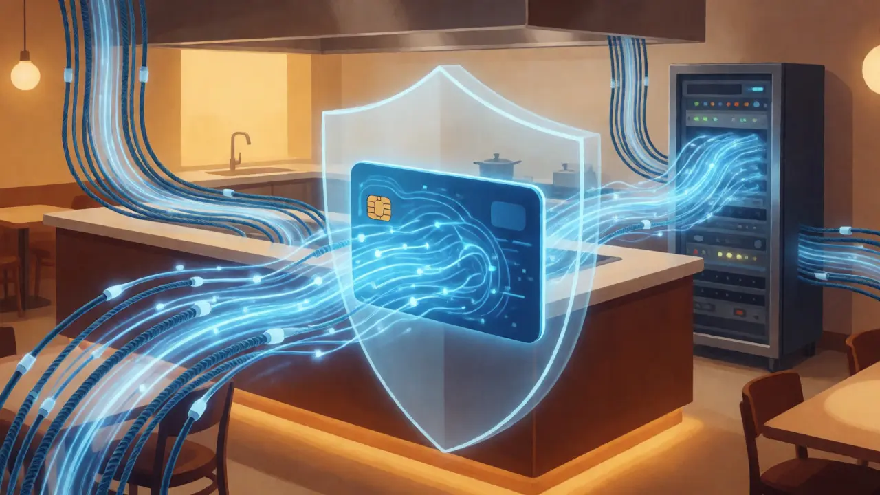 Digital visualization of encrypted credit card data flowing through secure networks