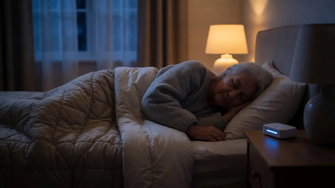 Elderly person sleeping warmly in a bedroom with a sensor