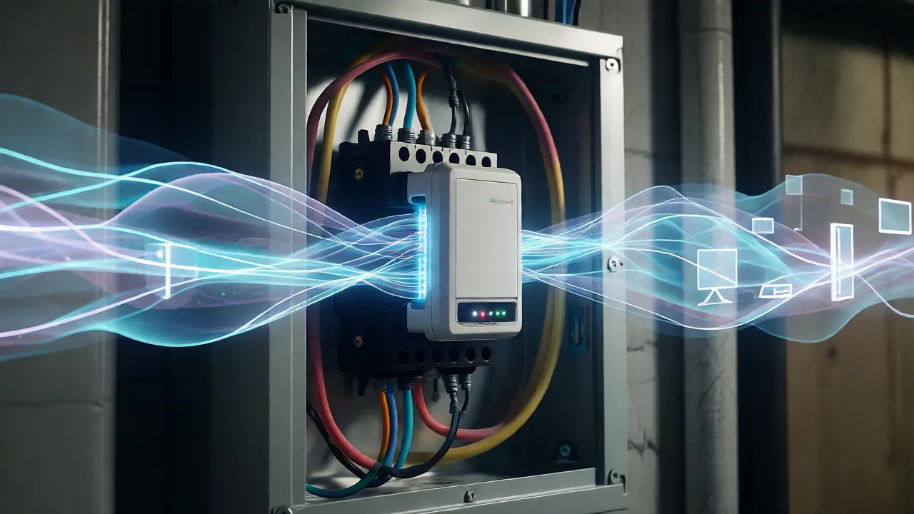 Energy monitor clamped to breaker panel with data flow visuals