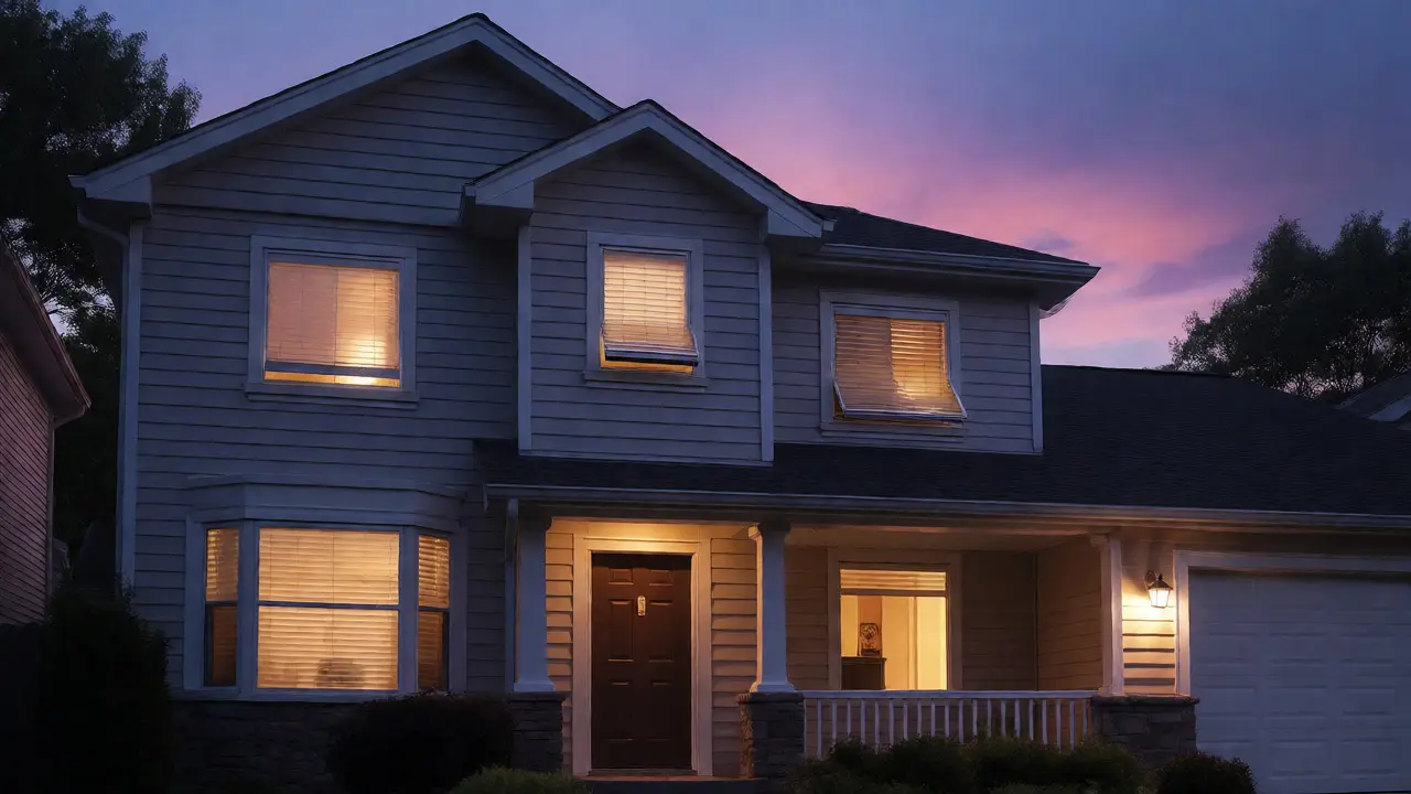 Exterior of a home at dusk with smart blinds set to random positions for security.