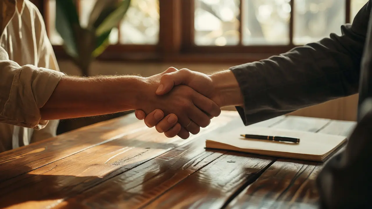 Firm handshake between client and concierge provider in meeting