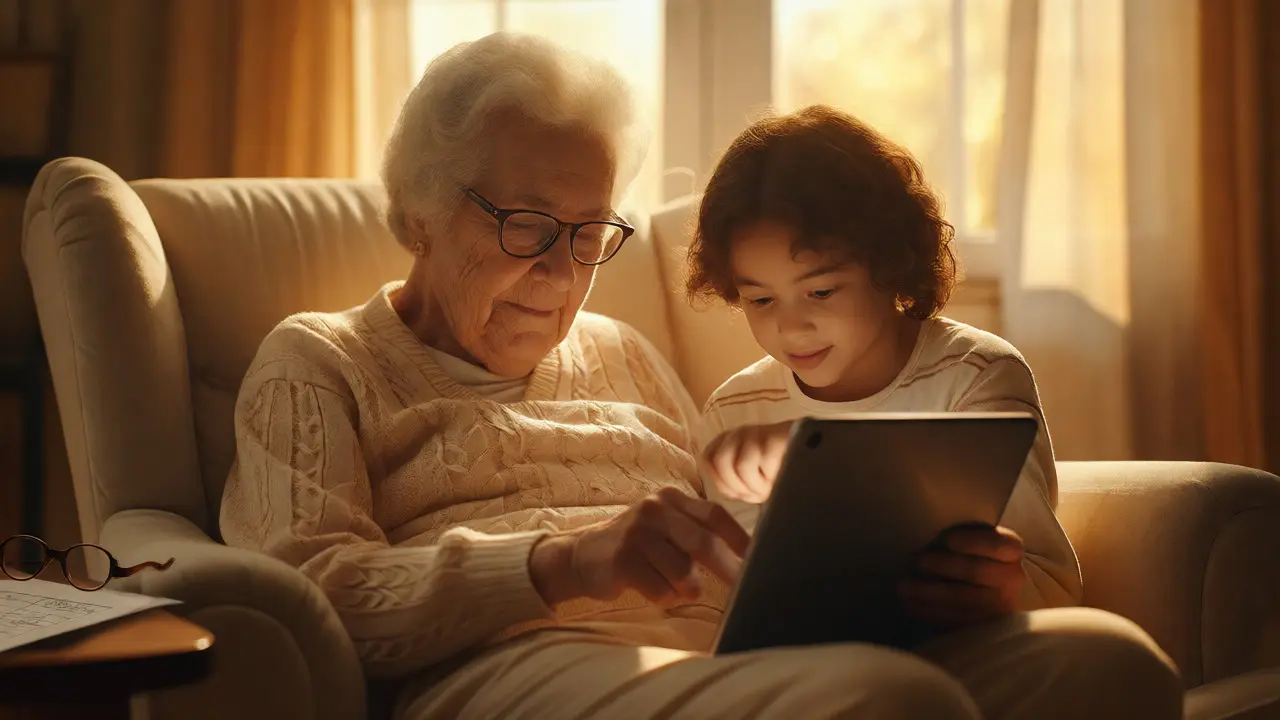 Grandparent and grandchild sharing a tablet in a warm, sunlit room