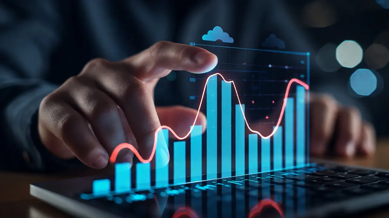 Hand adjusting holographic graphs representing variable cloud cost forecasting