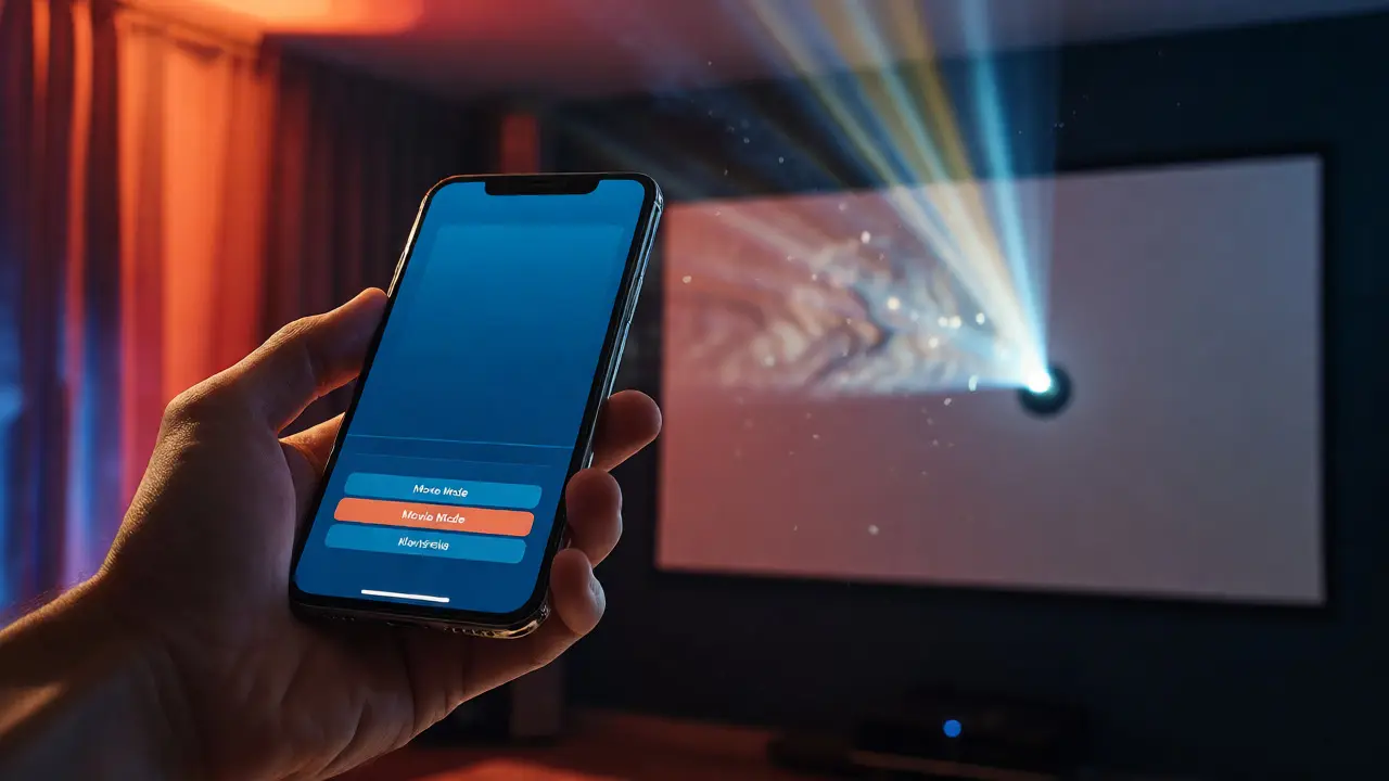 Hand pressing movie mode on phone triggers lighting and projector changes