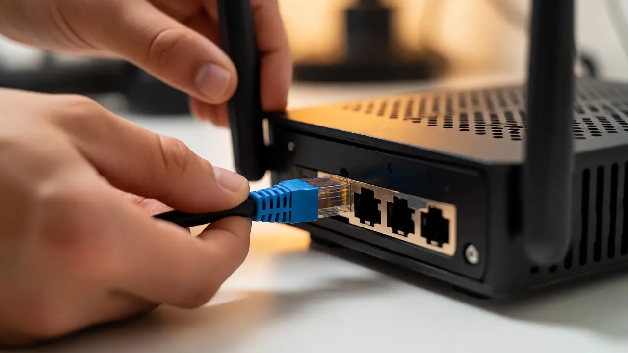 Hands connecting an Ethernet cable to a router for stable internet