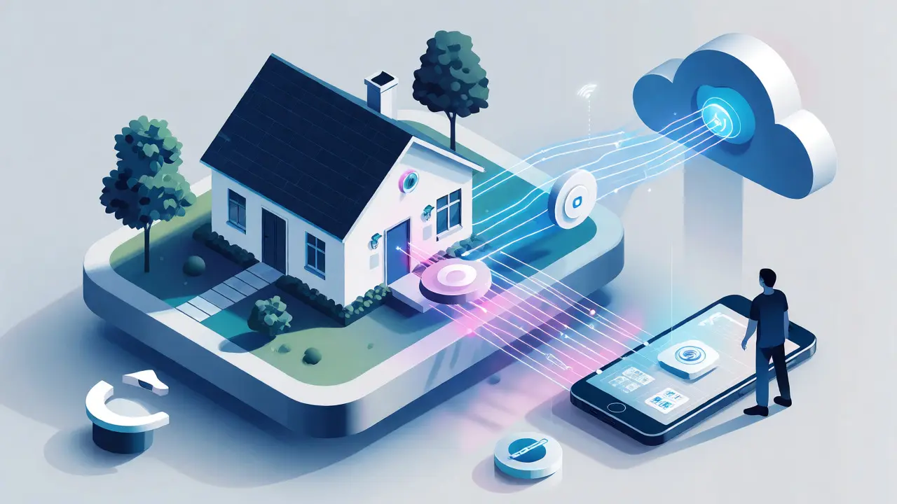 Isometric diagram showing data flow from home sensors to cloud and mobile device