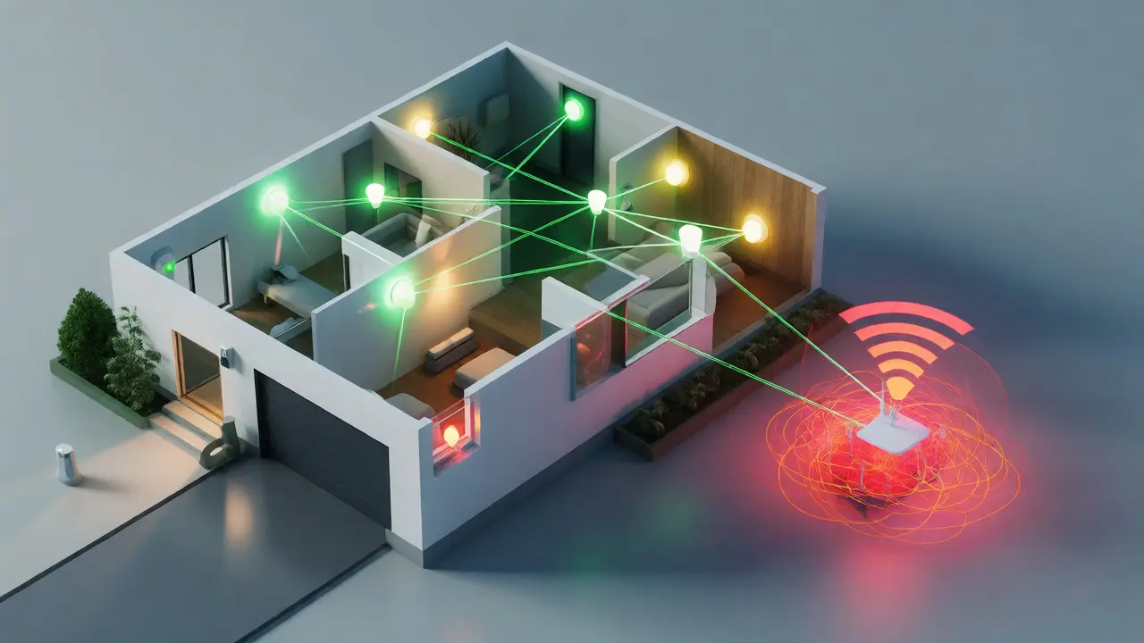 Isometric view of Zigbee mesh network vs congested Wi-Fi in a home