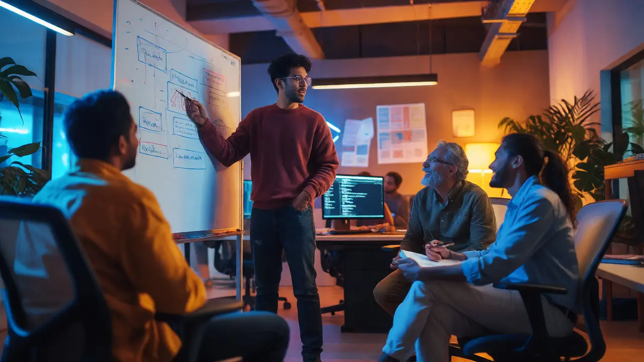 Junior developer teaching a senior architect about new technology at a whiteboard
