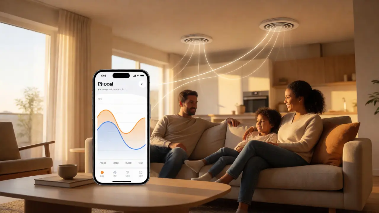Living room scene with floating phone showing energy usage graphs and data lines.