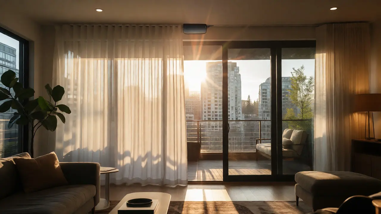 Living room with motorized sheer curtains blocking afternoon sun
