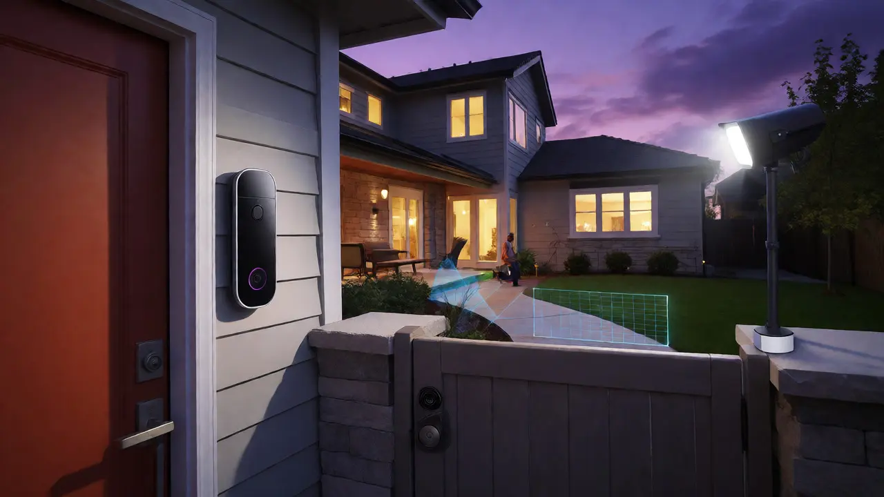Modern home exterior at dusk featuring active video doorbell and floodlight camera