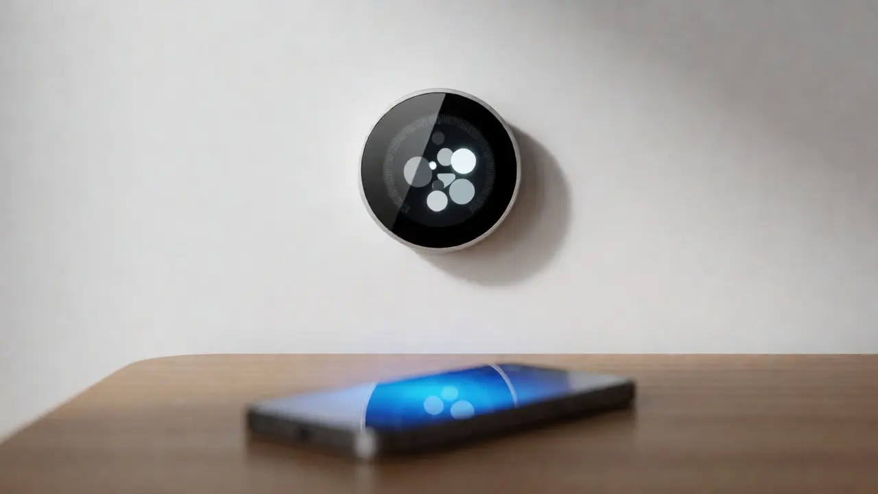 Modern smart thermostat on a wall next to a smartphone