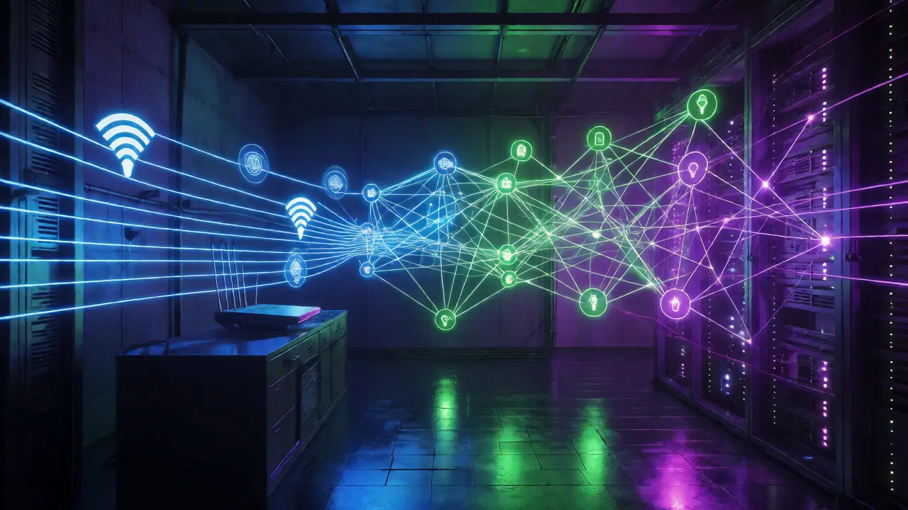Neon light trails visualize Wi-Fi, Zigbee, and Z-Wave mesh networks connecting various smart home devices.