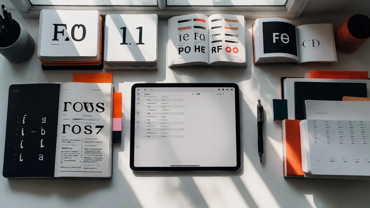 Organized designer desk with font specimens and abstract font manager interface on tablet