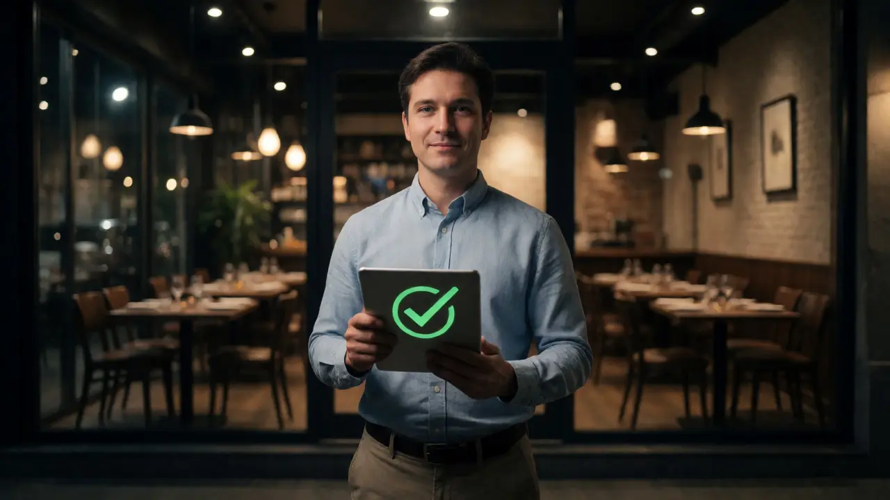 Restaurant owner holding tablet with compliance confirmation at night