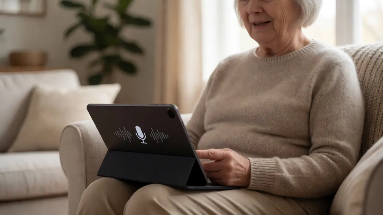 Senior citizen using voice commands on a tablet in a living room