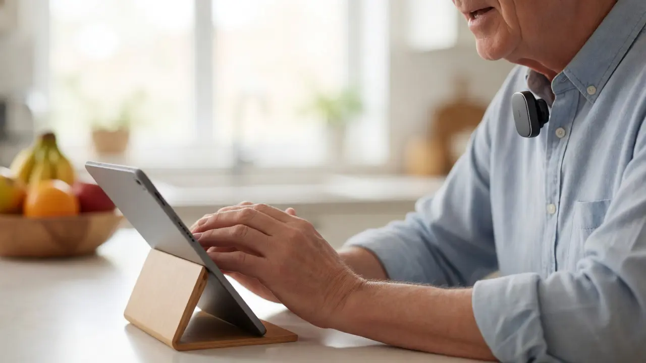 Senior man using voice-to-text with Bluetooth mic
