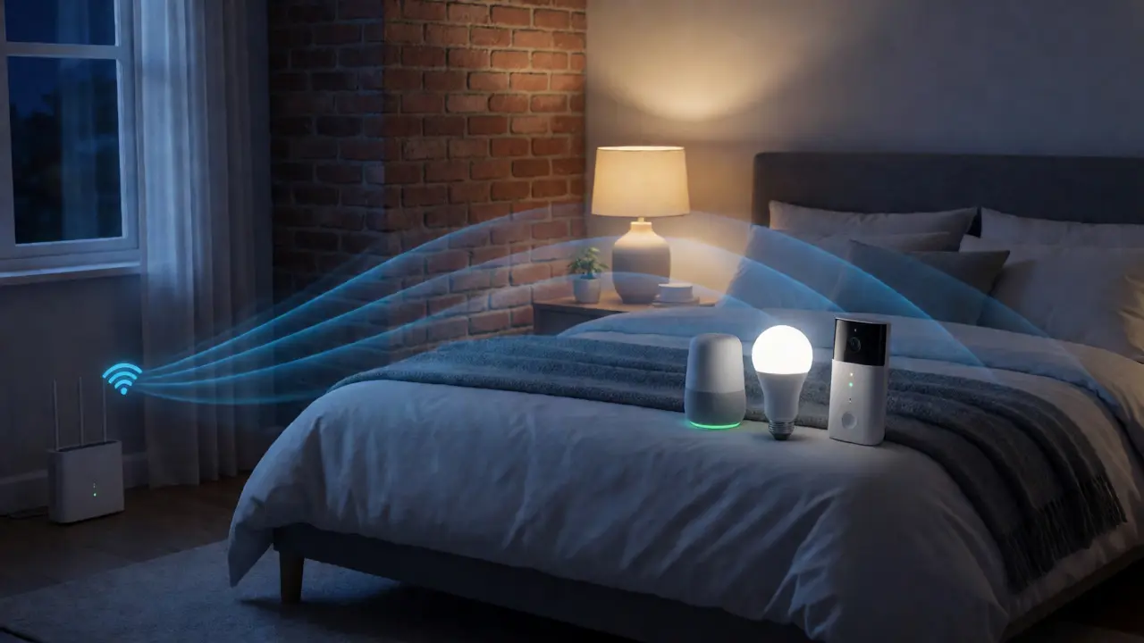 Smart home devices in a dark room showing weak Wi-Fi signals blocked by walls.