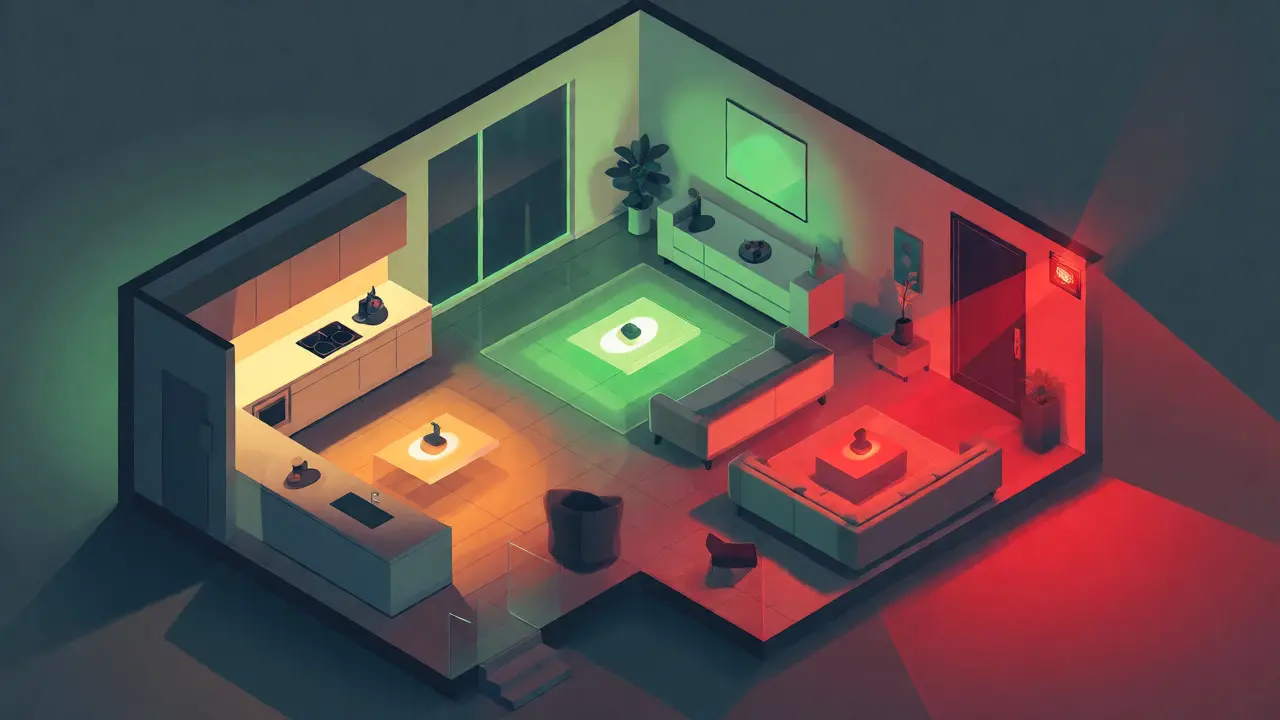 Smart home layout showing color-coded lighting for different alert priorities.