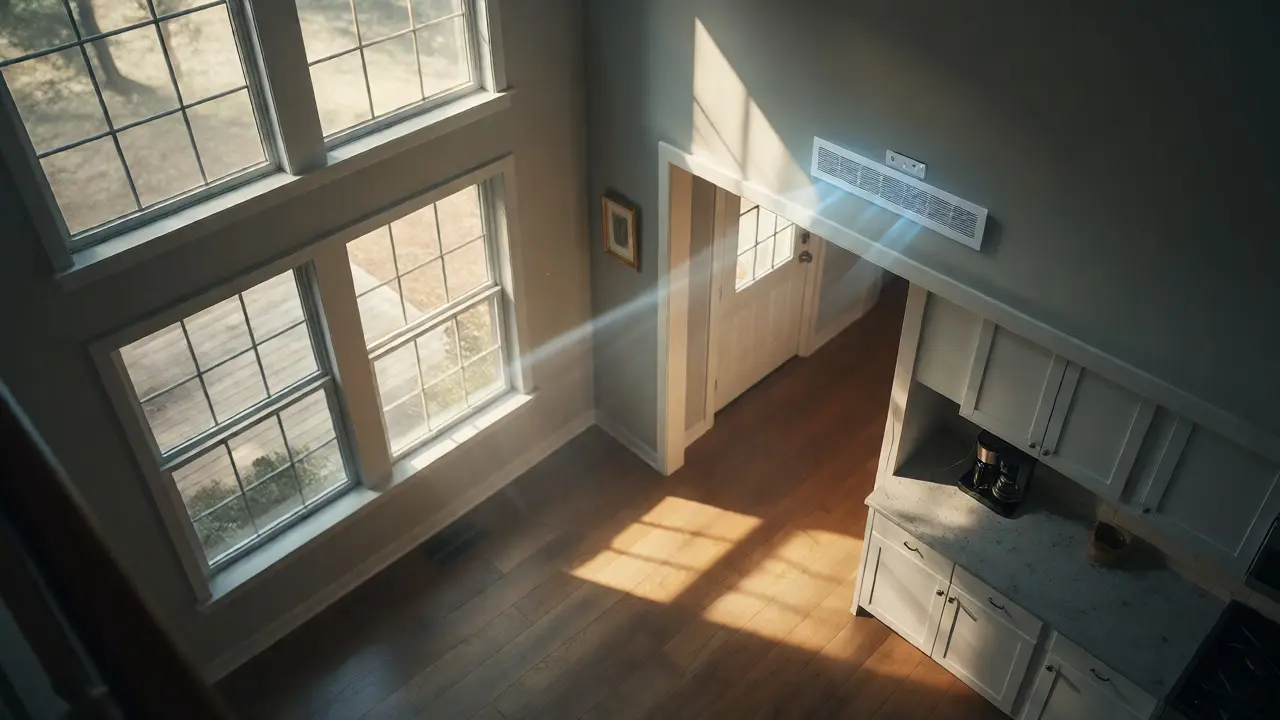 Smart vents and plugs in a sunlit living room reducing energy waste