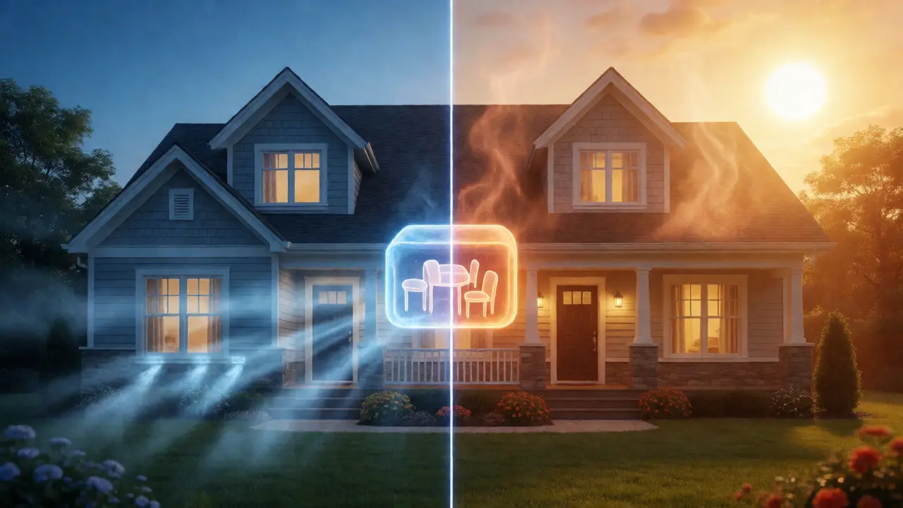 Split-screen illustration comparing cool pre-cooling and hot peak-hour conditions.