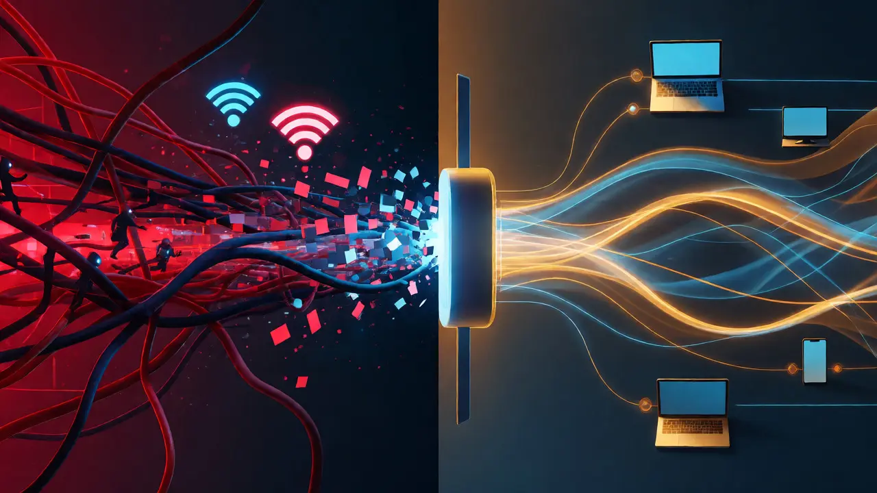 Split view comparing a glitchy old network to a stable updated one