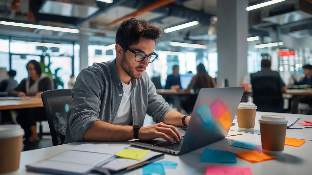 Young adult professional working efficiently on laptop in modern office