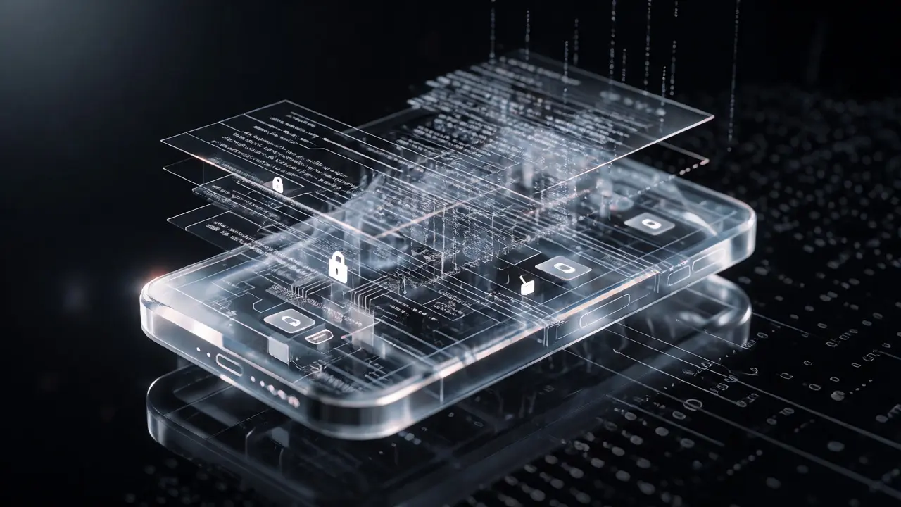 Abstract visualization of a device's internal software bill of materials and security locks.