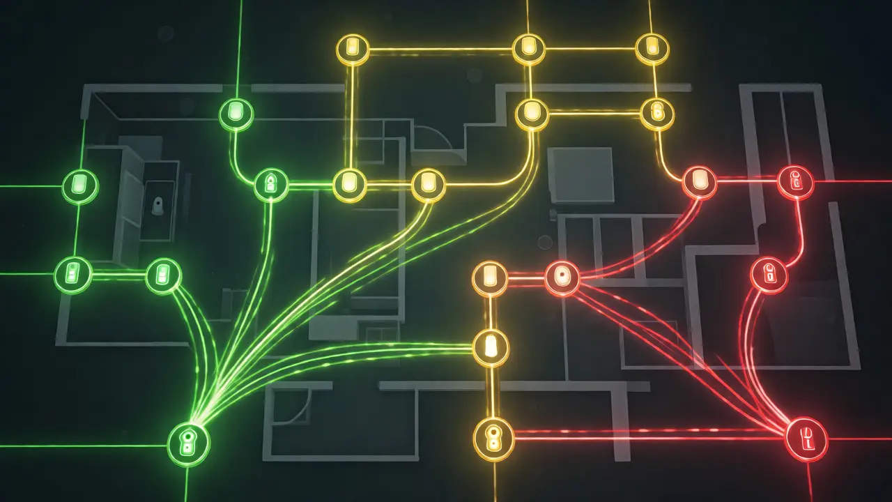 Abstract visualization of smart home logical operators like AND, OR, and NOT as glowing pathways.