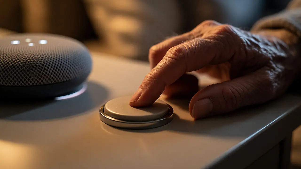 Arthritic hand pressing a large tactile button next to a smart speaker