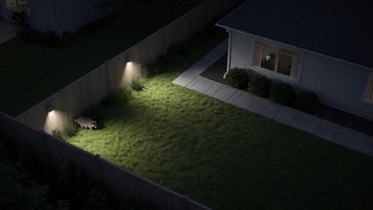 Backyard security scene at night with floodlights active and a raccoon detected by AI.