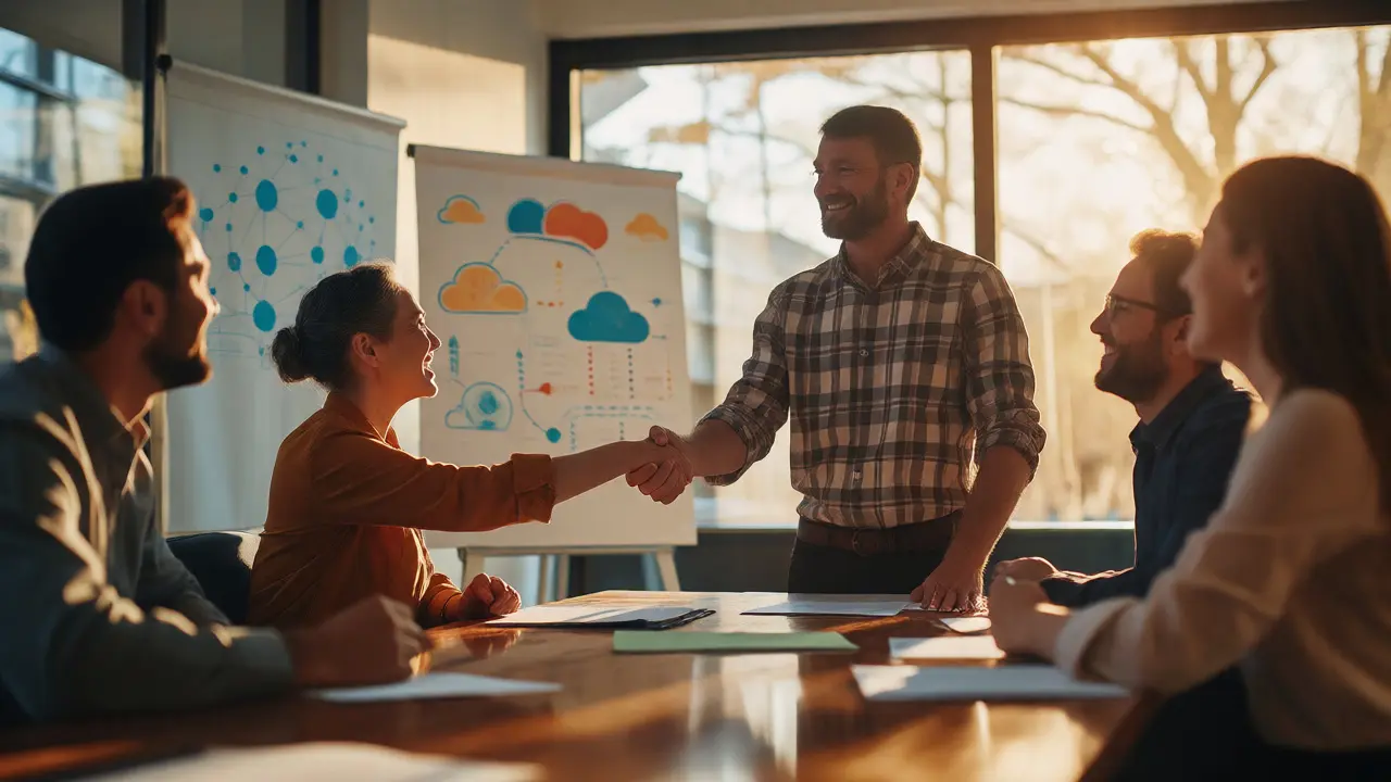 Business team shaking hands after selecting a new IT partner