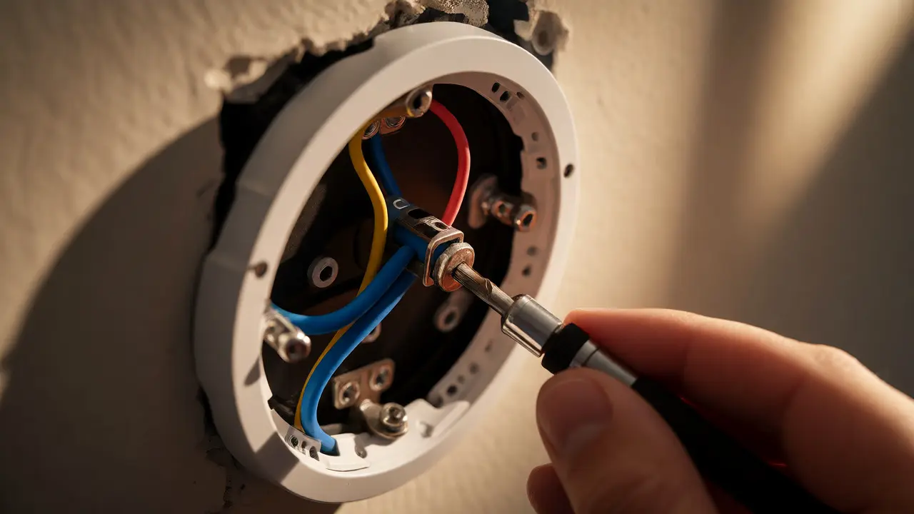 Close-up of connecting wires to a new smart thermostat base