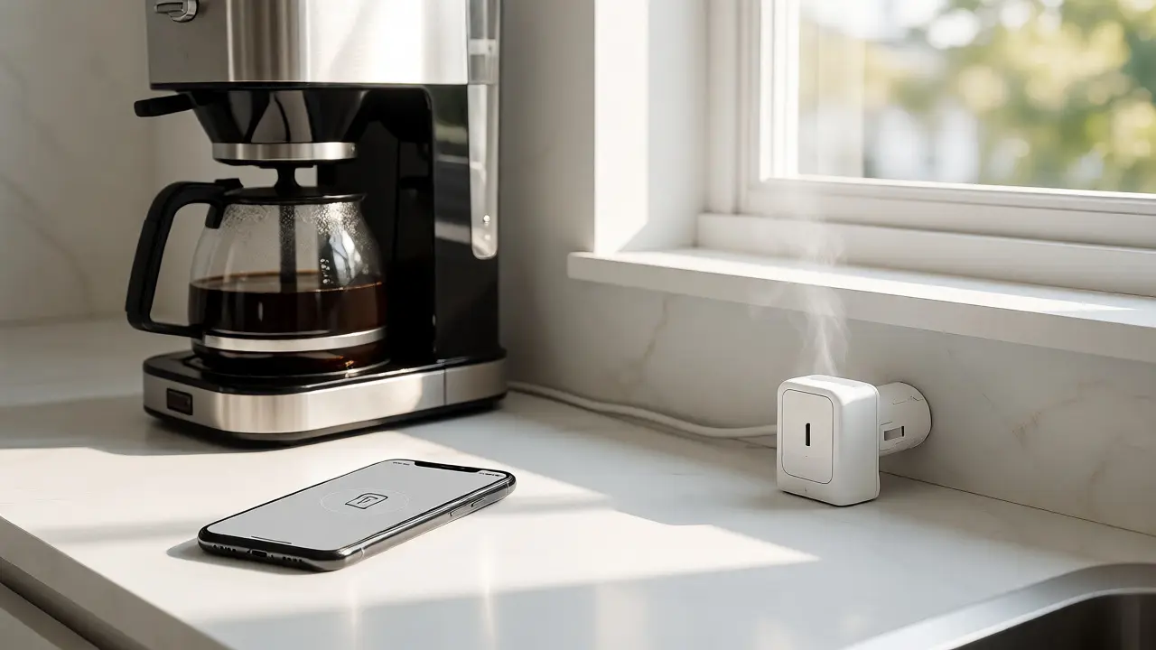Coffee maker plugged into a smart outlet in a sunny kitchen