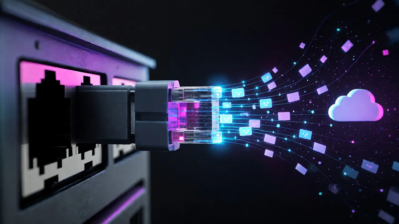 Conceptual visualization of an encrypted VPN data tunnel extending from a router.