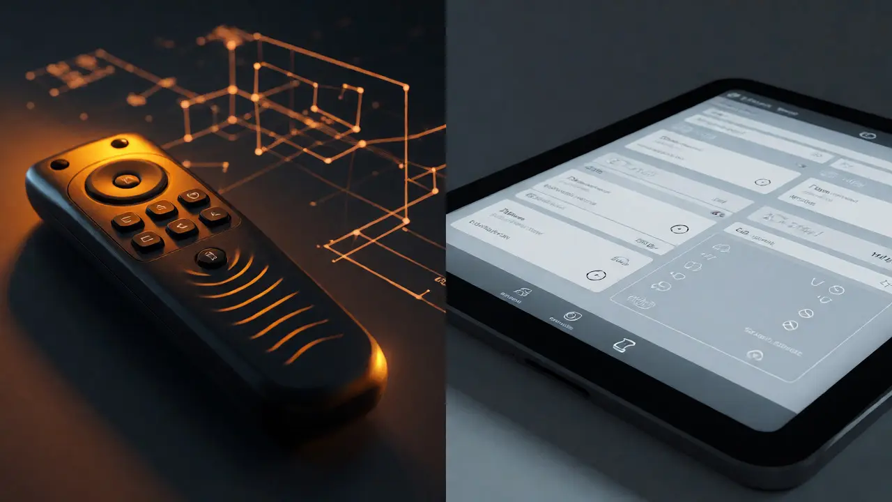Contrast between a tactile RF remote and a complex touchscreen interface.