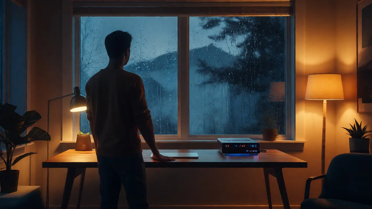 Cozy room with local smart hub working during a storm