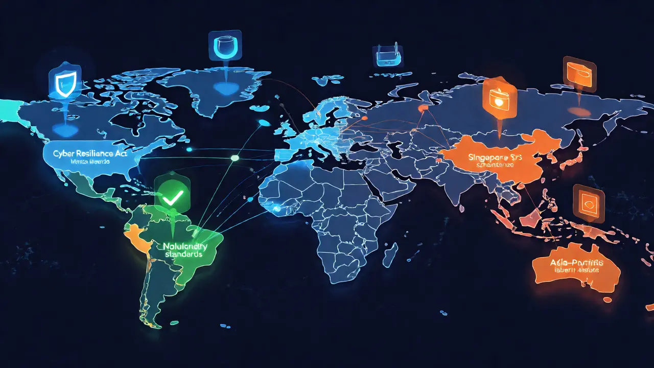 Global map illustrating regional IoT cybersecurity regulations and data connectivity.